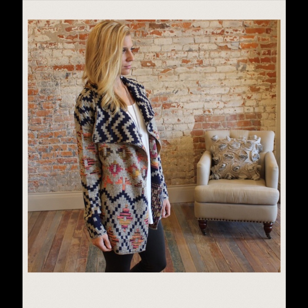 Woven Geometric Open-Front Cardigan - Navy Multicolor